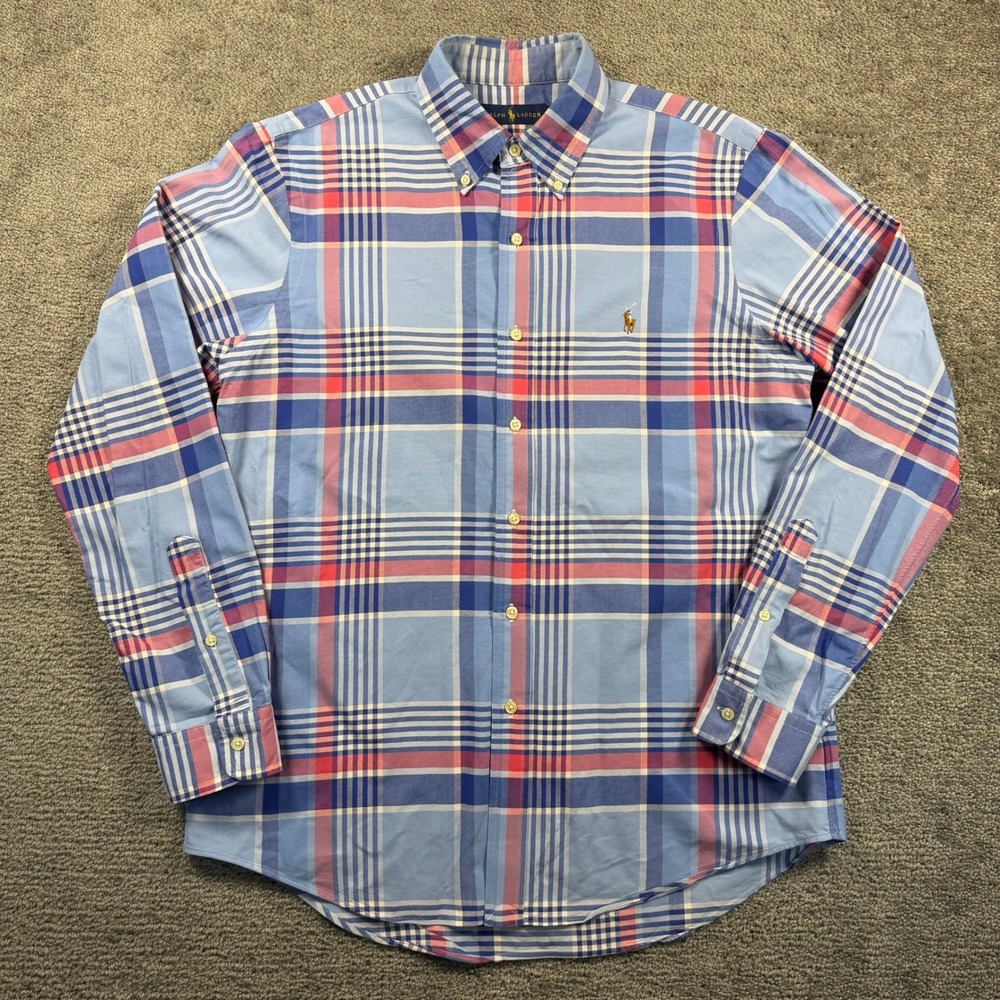 Polo Ralph Lauren Mens Medium Blue Red Plaid Long Sleeve Button Down Shirt